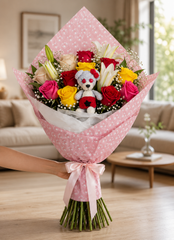 BOUQUET OF ASSORTED ROSES + KNITTED BUKKITEDDY BEAR